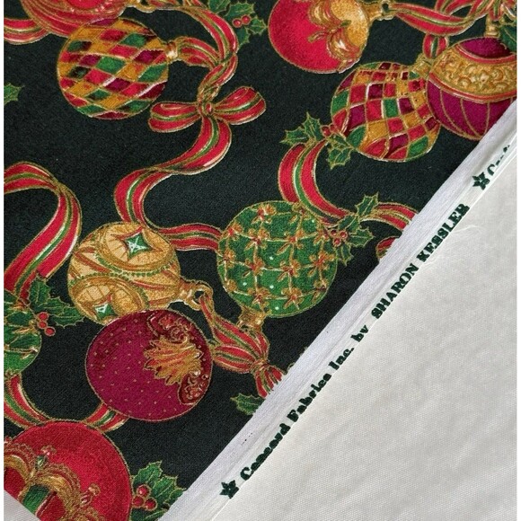 Vtg Concord Fabrics Sharon Kessler Christmas Ornaments Ribbons Green Gold 1.5yd - Picture 3 of 4